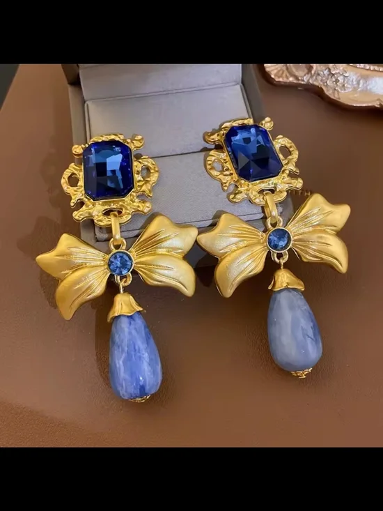 Gold-Tone Earrings with Royal Blue and Cornflower Drop - Picture 7 of 12